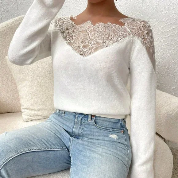 White Casual Womens Eyelash Lace Panel Raglan Sleeve Sweater - Picture 5 of 5